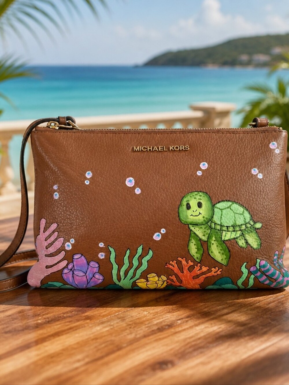 Michael Kors Brown Leather Crossbody Bag with Colorful Sea Life Art Done By My D